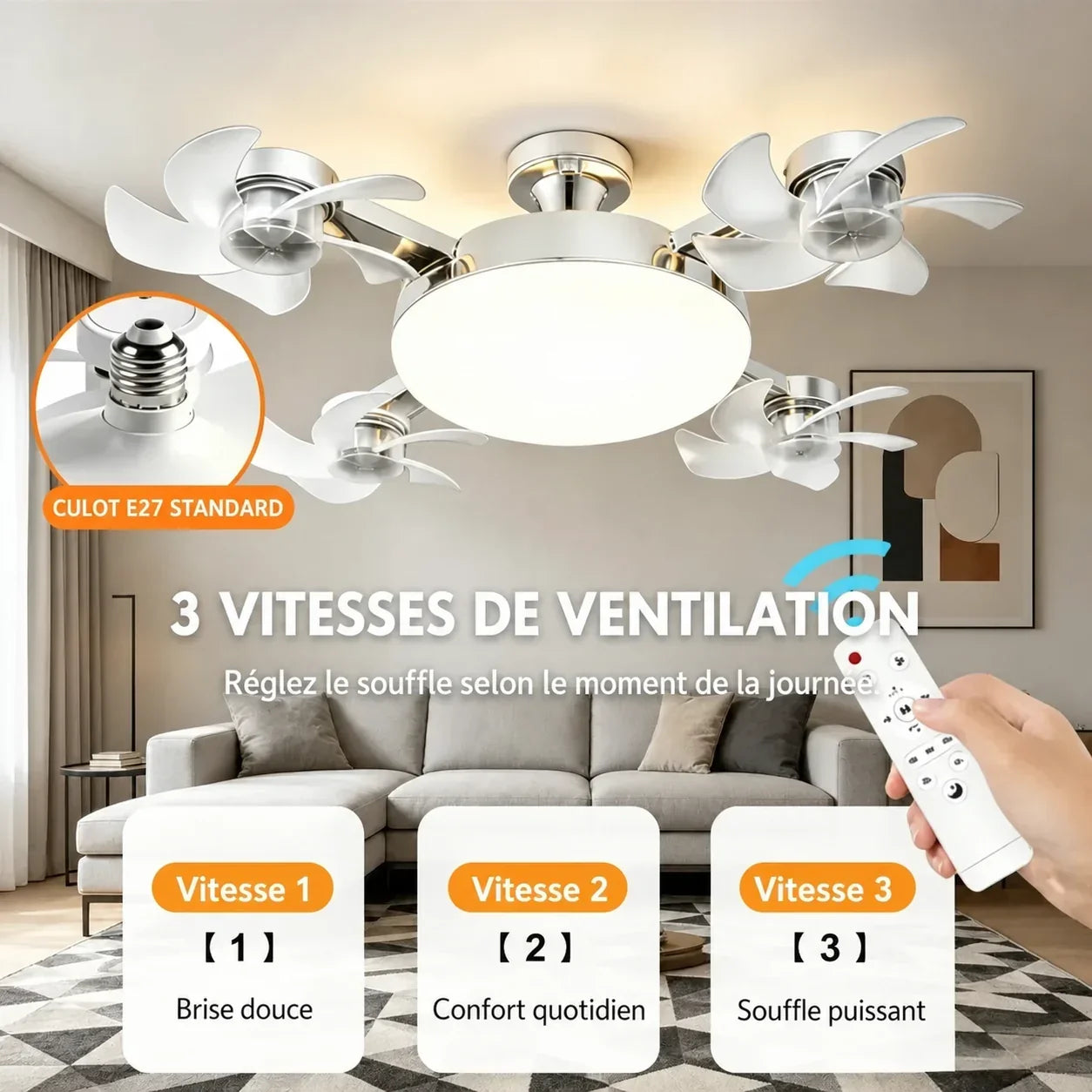 LumiVent E27™ – Ventilateur plafonnier LED avec télécommande