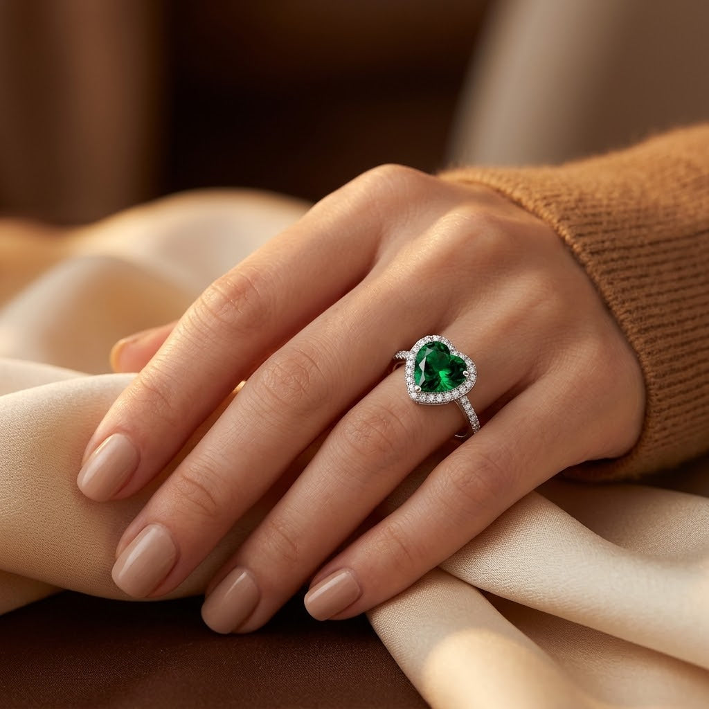 Bague Halo en Émeraude Argentée — Doumira