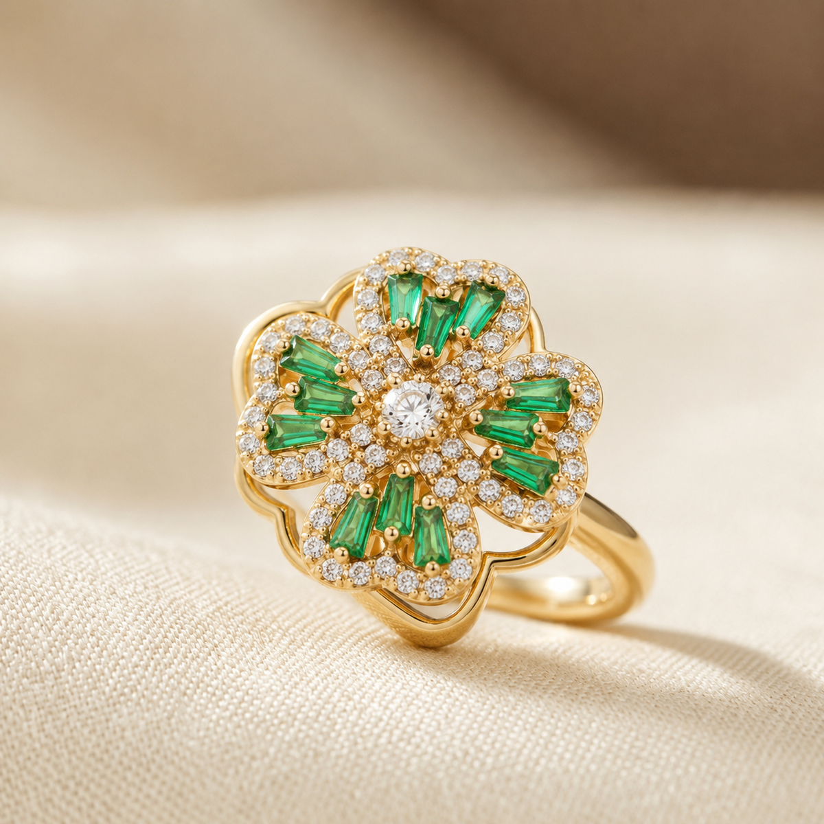 Bague Florale en Or Émeraude — Doumira
